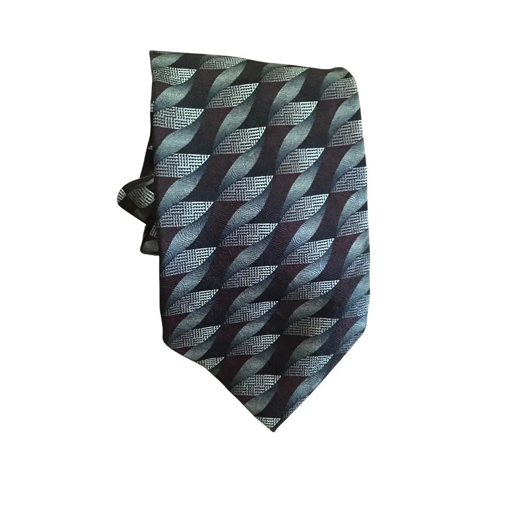 Joseph & Feiss International Mens Silk Tie‎ Burgundy Silver Grey Geometric Wavy